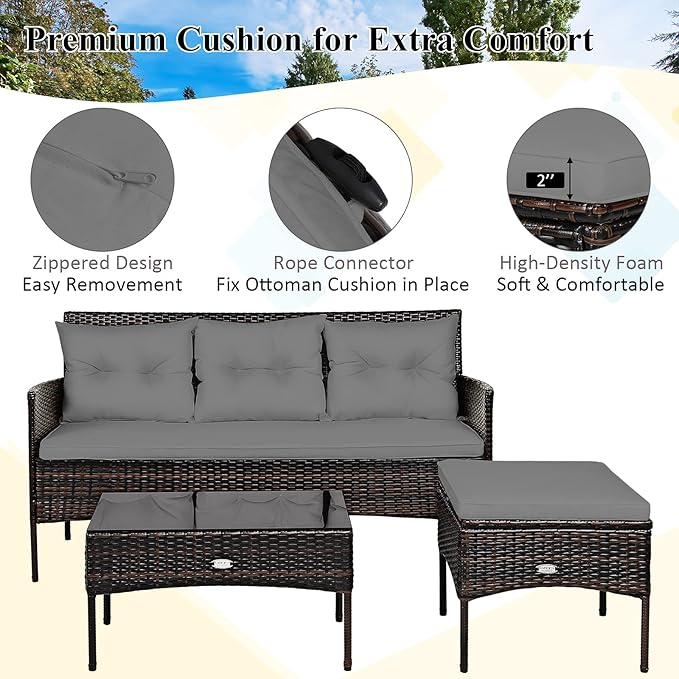Tangkula 3 Pieces Patio Conversation Set, All Weather Outdoor PE Rattan Wicker - Image 9