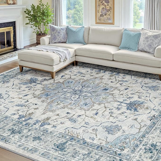 RELEANY Area Rugs 7'x10' Washable Non-Slip, Floral Vintage Distress Print by RELEANY