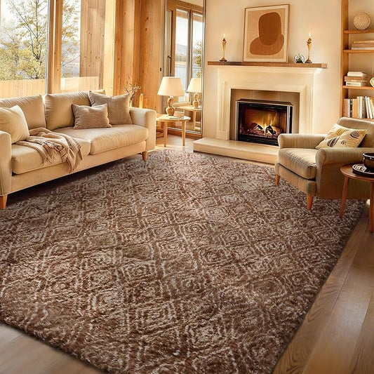 Ophanie 9x12 Brown and White Diamond Striped Rugs by Ophanie