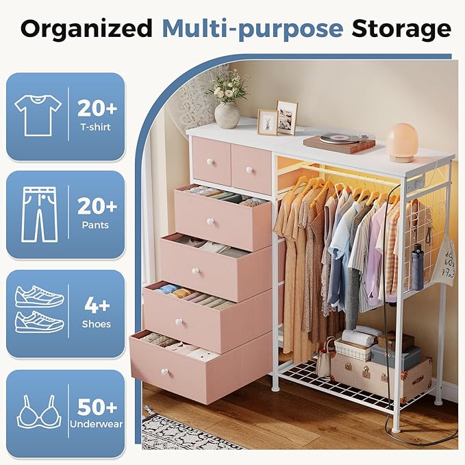 DUMOS Dresser for Bedroom with Hanging Rack, 6 Drawer Fabric Dresser with - Image 5