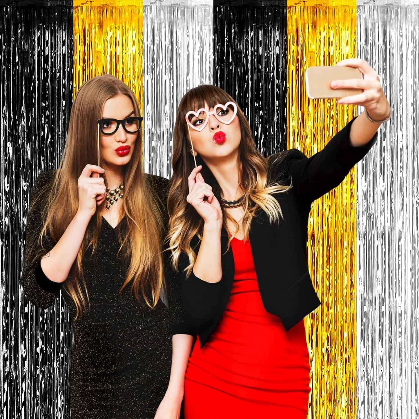 4 Pack Black Gold Silver Foil Fringe Curtain Backdrop, 3.28Ft x 8.2Ft Metallic Tinsel Foil Fringe Streamers for Photo Booth, Wedding, Notorious One Birthday Roaring 20s Graduation Party Decoration