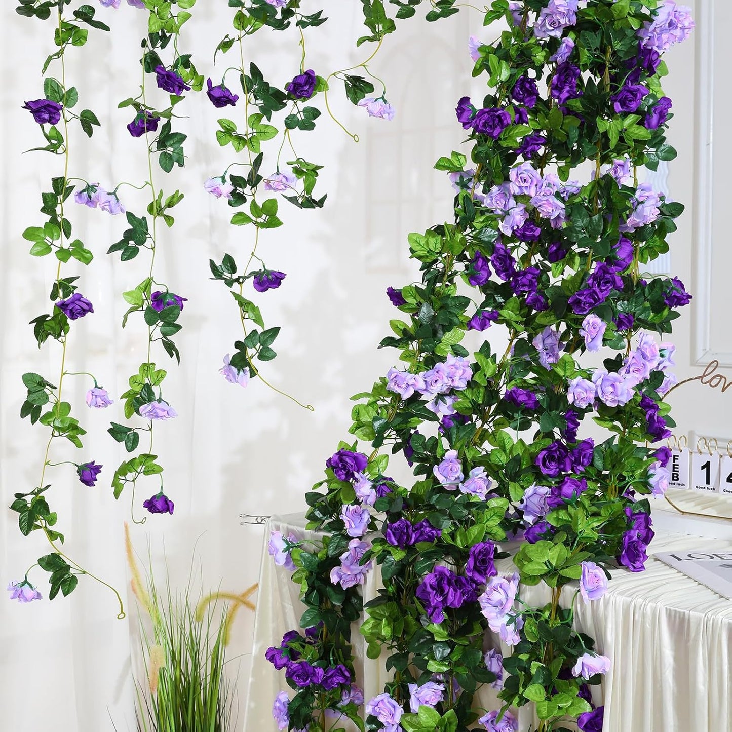 Floweroyal 4 Pack Artificial Flower Garlands 7.9FT Fake Rose Vines Silk Flowers Hanging Rose Ivy for Wedding Arch Party Home Garden Wall Decor (Purple)