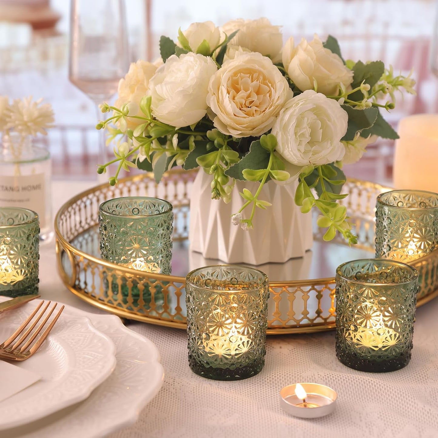 Green Votive Candle Holder Set of 36, Flower Tea Lights Candles Holders for Wedding Table Decor, Birthday Parties, Vintage Home Decor, Bridal Shower and Holiday Decorations