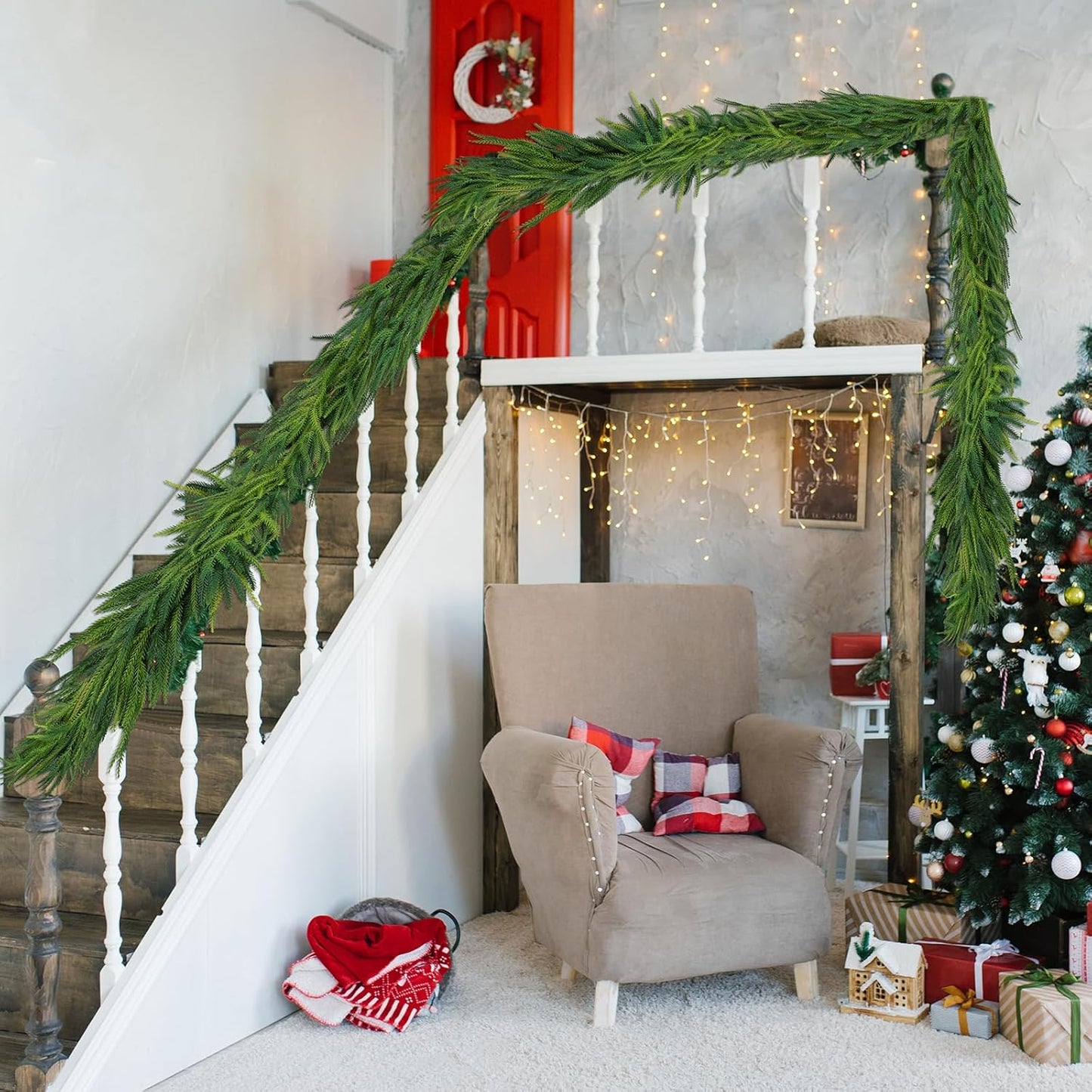 1 Pcs Artificial Norfolk Pine Garlands Christmas, 6 FT Dense Real Touch Winter Pine Garland Ornament, Green Artificial Greenery Garland for Table, Mantle, Wall, Indoor, Outdoor Christmas Decorations