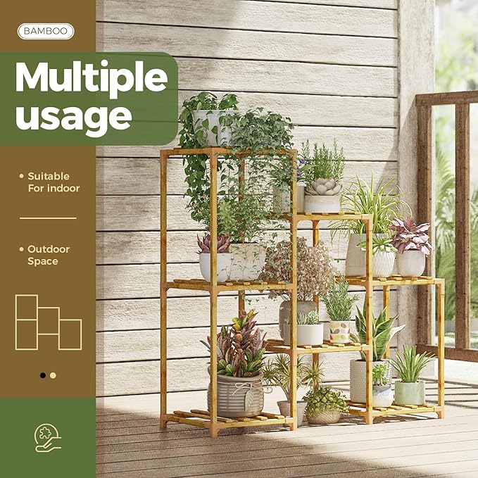 Bamworld Bamboo Plant Stand Indoor Boho Plant Shelf Tiered Plant Rack - Image 3