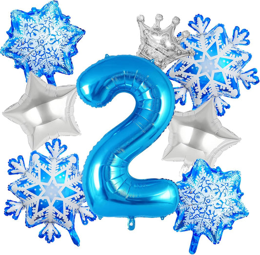 8Pcs Winter Wonderland Decorations - 40inch Blue Number 2 Balloons - Snowflake Mylar Balloons for Winter Wonderland Party Decorations - Birthday Decoration
