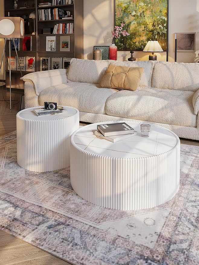White Marble Coffee Table Set of 2, 29.52" Round Flued Coffee Table and End - Image 5