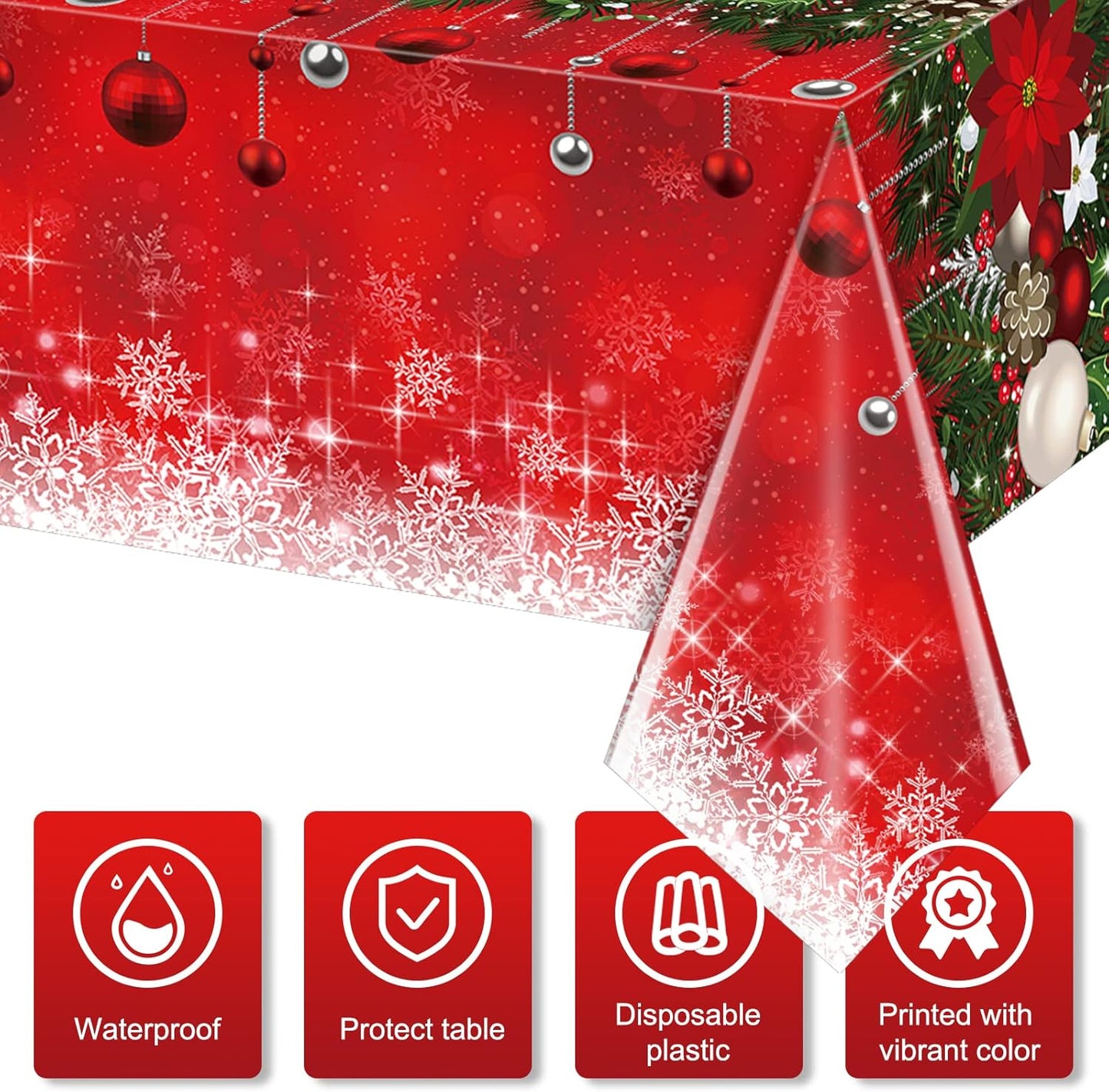 3Pieces Merry Christmas Tablecloth Plastic Christmas Tree Ball Table Cover Rectangle Winter Snowflake Tablecloth for Merry Christmas Holiday New Year Eve Party Decorations Supplies,54x108inch