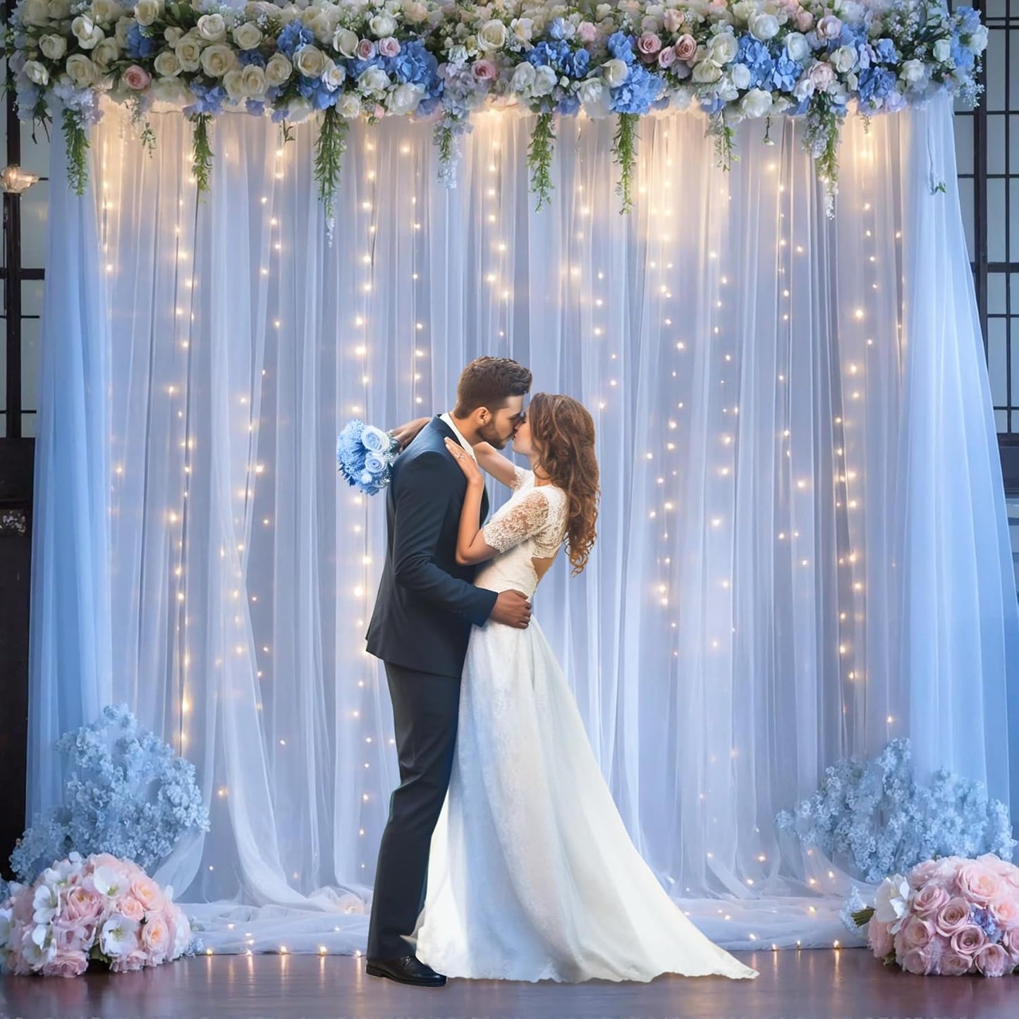 Blue Tulle Backdrop Curtains with Lights String for Parites Baby Shower 30×8ft Blue Sheer Backdrop Curtains Drapes for Bridal Shower Birthday Party Photo Shoot Background Decorations(6 Panels 5×8ft)