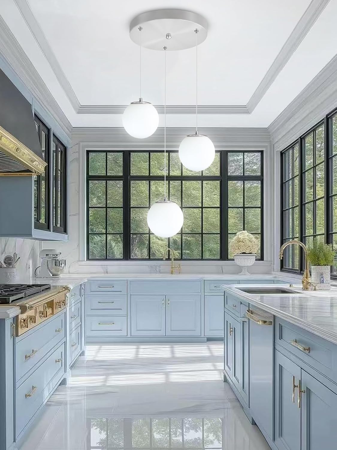 Globe Glass Pendant Light Modern Silver White Globe Glass Chandelier Mid Century Chandelier 3-Light Hanging Fixture for Kitchen Island Foyer Hallway Dining Room