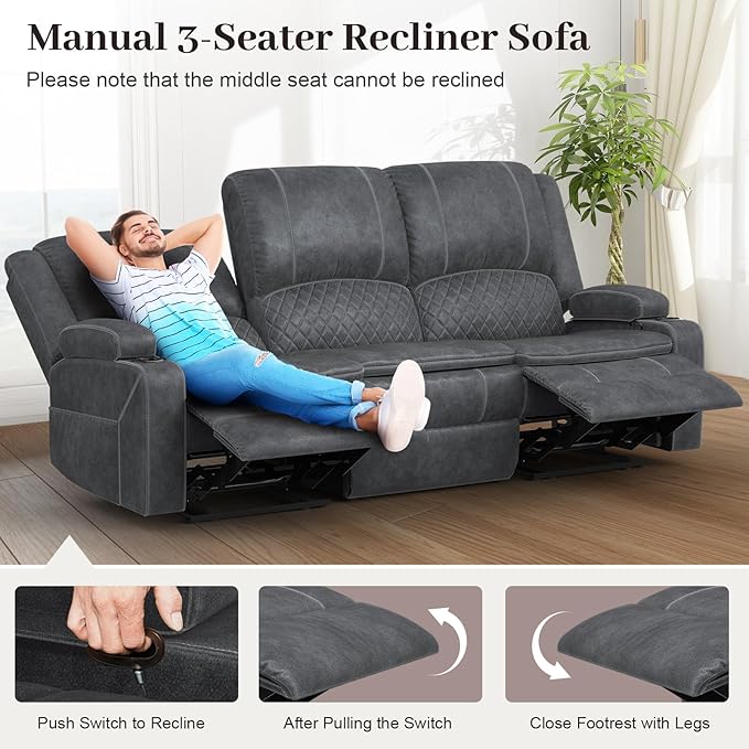 Yolsali 3-Seater Recliner Sofa, Manual Reclining Couch - Image 8