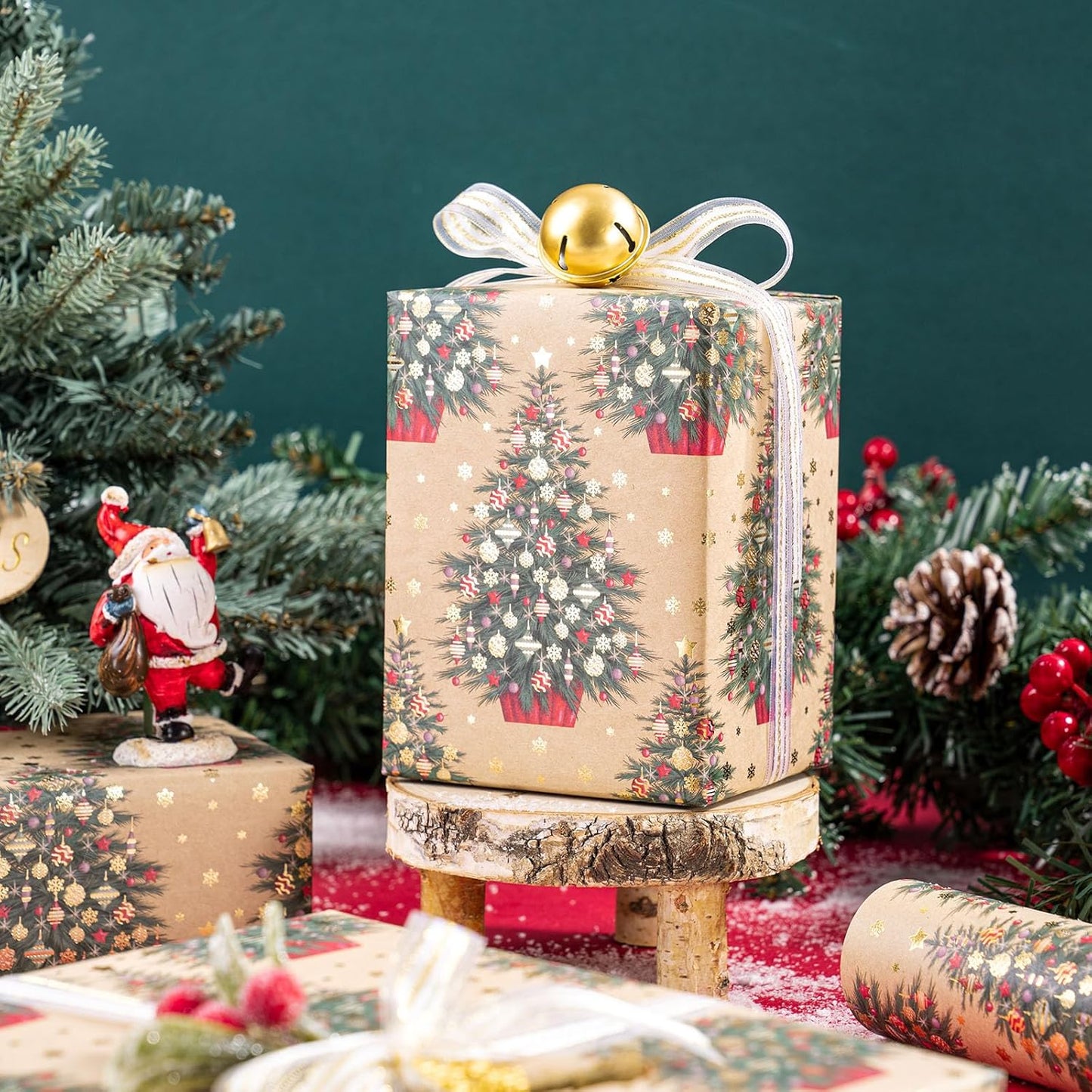 RUSPEPA Kraft Christmas Wrapping Paper Roll, Mini Roll, Gold Foil Christmas Tree Design, Elegent Kraft Gift Wrap Paper Great for Xmas Gifts, Winter and Holidays, 17 Inches X 16.4 Feet