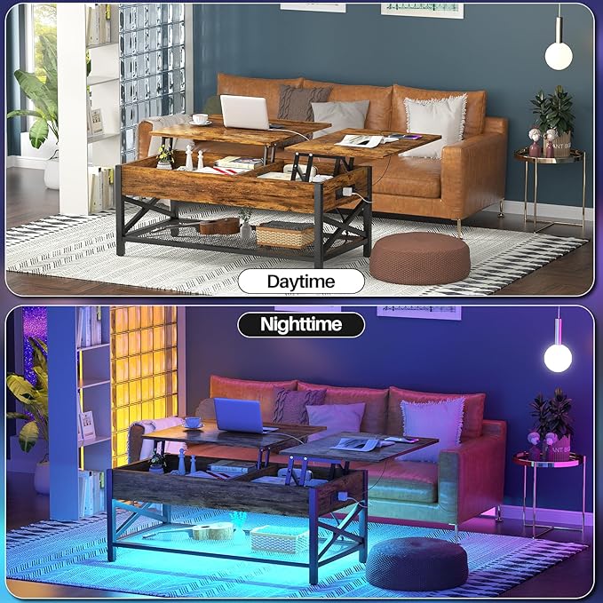 Aheaplus Coffee Table with LED Light and Power Outlet, Modern Lift-Top Center - Image 7