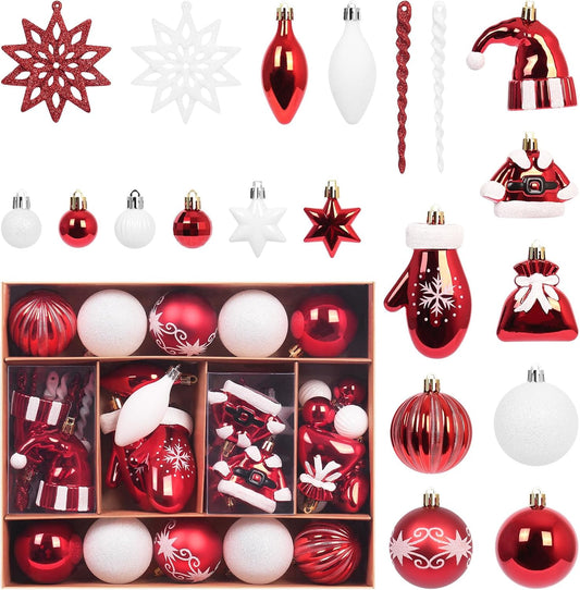 Red White Christmas Ornaments Set, 45PCS Plastic Shatterproof Christmas Tree Hanging Decorations, for Indoor Holiday Party Thankgivings Xmas Decor.