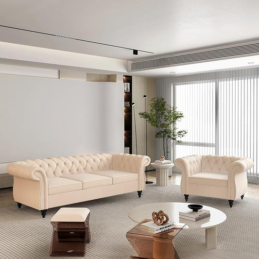 ORRD 2 Piece Living Room Set, Velvet Chesterfield Sofa Couch Chair by ORRD