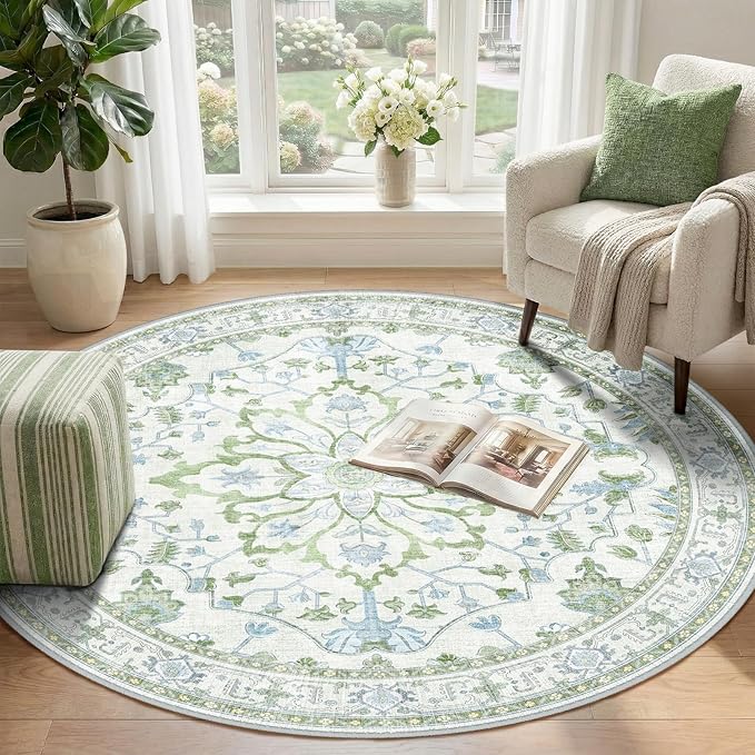RELEANY Area Rugs Round 4ft Washable Non-Slip, Floral Vintage Distress Print - Image 2