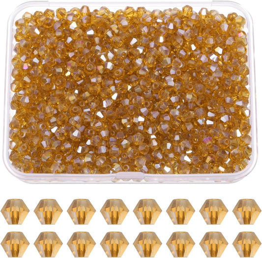 PATIKIL 1000pcs 4mm Bicone Glass Crystal Beads, Faceted Glass Spacer Beads with Box for Jewelry Making Bracelet Necklace Earrings DIY Suncatcher Craft, Amber AB