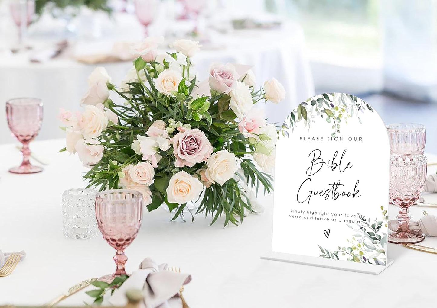 Greenery Bible Guest Book Sign, 6 x 8 Inch White Arch Acrylic Wedding Sign with Holder, Wedding Sign for Ceremony and Reception, Wedding Decoration, Wedding Supplies - LY28