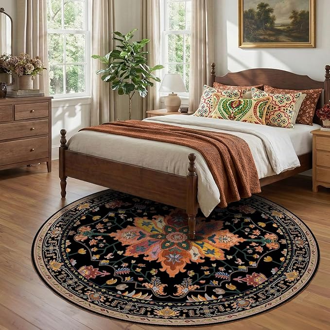 RELEANY Area Rugs Round 8ft Washable Non-Slip, Floral Vintage Distress Print - Image 3