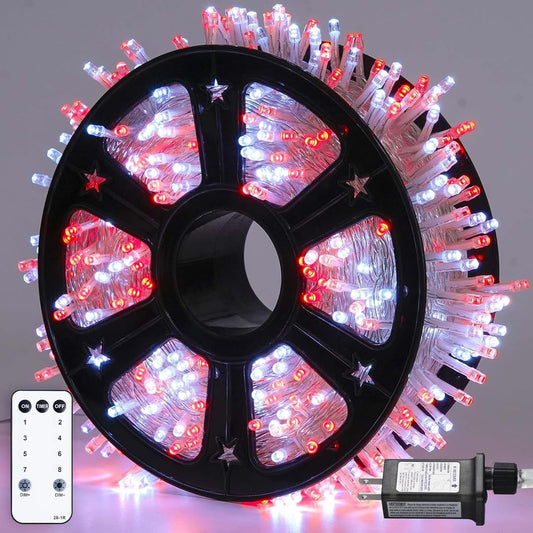 JMEXSUSS 500 LED Red and White Christmas Lights, 8 Modes 163ft String Lights Plug in with Remote Control, Clear Wire Christmas String Lights Outdoor Waterproof for Outside Tree Yard Wedding