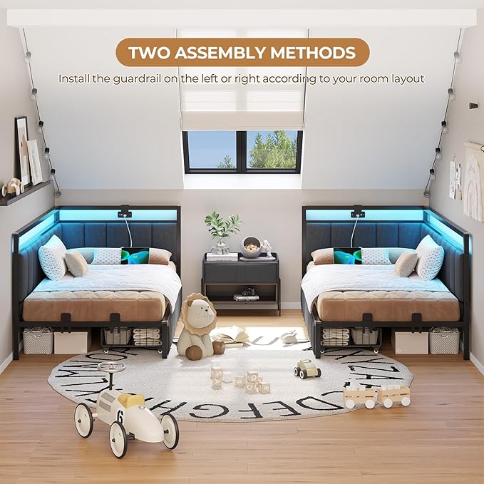 DICTAC Corner Bed Frame with 2 Storage Drawers and Charging Station Twin XL - Image 7