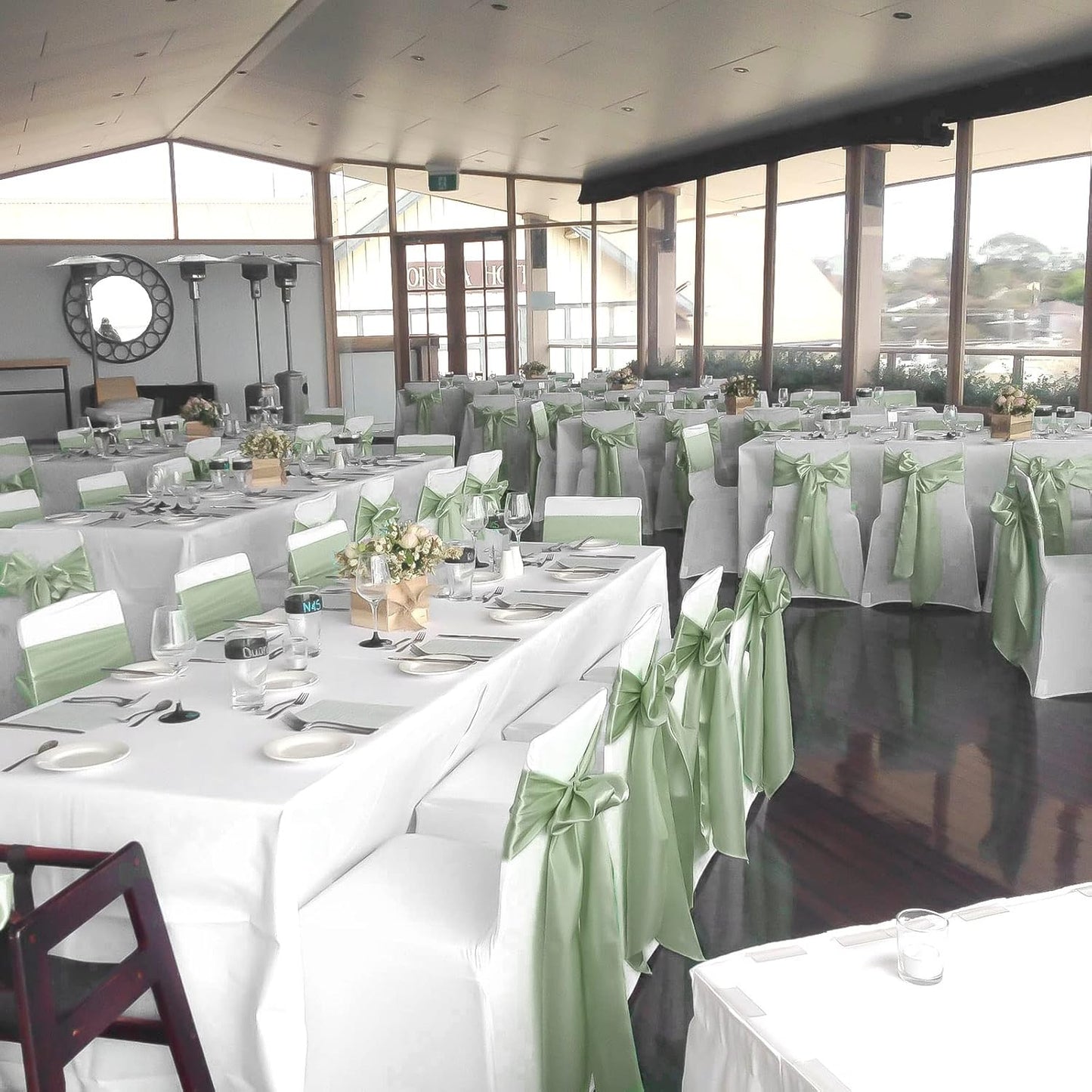 fani 120 PCS Sage Green Satin Chair Sashes Bows Universal Chair Cover for Wedding Reception Restaurant Event Decoration Banquet,Party,Hotel Event Decorations (7 x 108 inch)