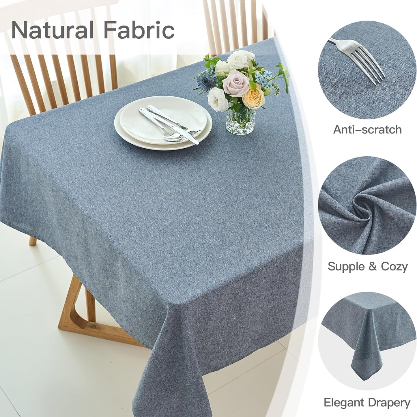 maxmill Linen Textured Rectangle Tablecloth Water Resistant Wrinkle Free Spill-Proof Stain Proof Table Cloth for Dining Room Decoration Banquet Party Wedding Holiday Dinner, 52 x 84 Inch Demin Blue