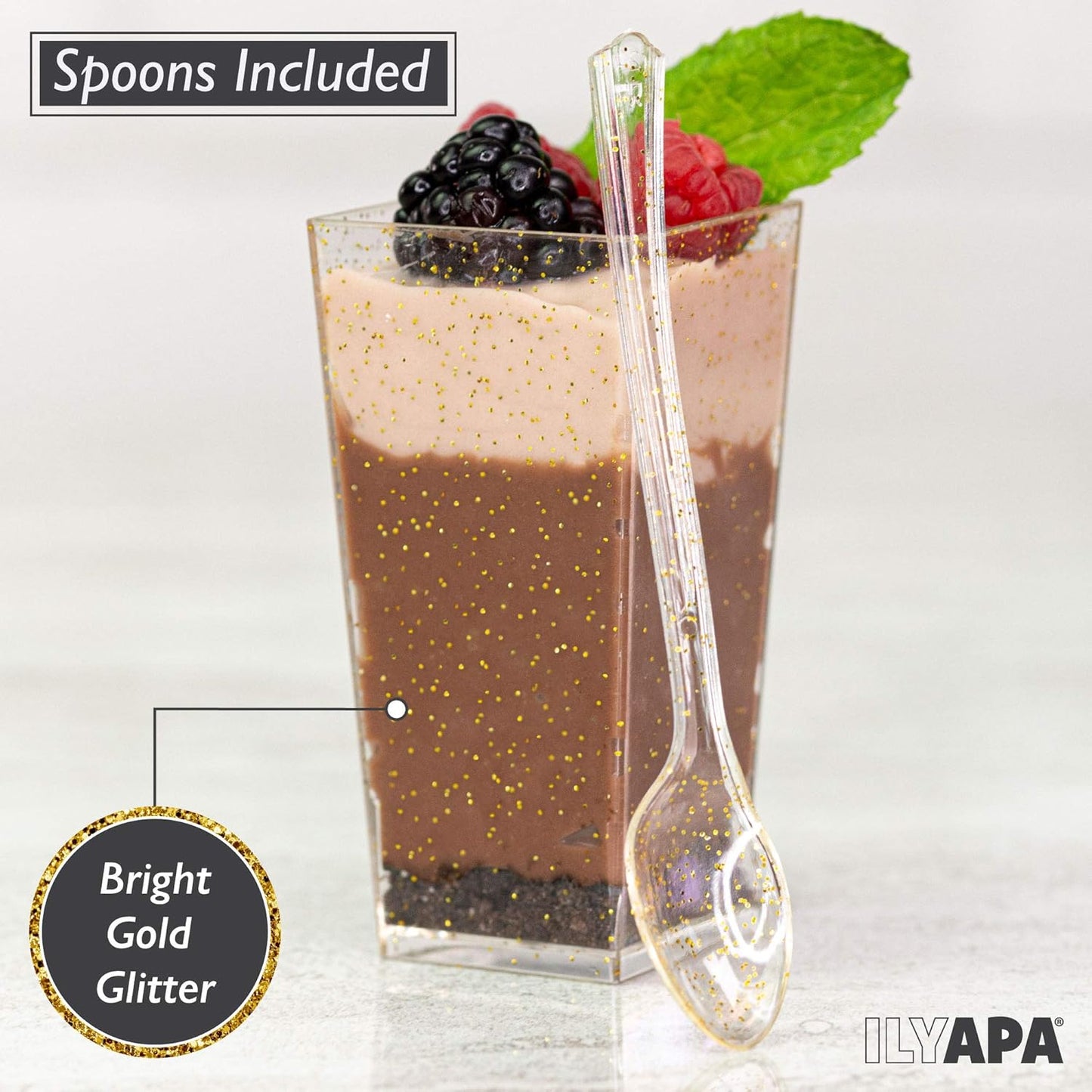 Ilyapa 3oz Plastic Dessert Cups - 100 Pack Mini Dessert Cups with Spoons - Clear Reusable Small Appetizer Cup for Cheesecake Shooters, Chocolate Mousse - Party and Catering Supplies - Square Gold