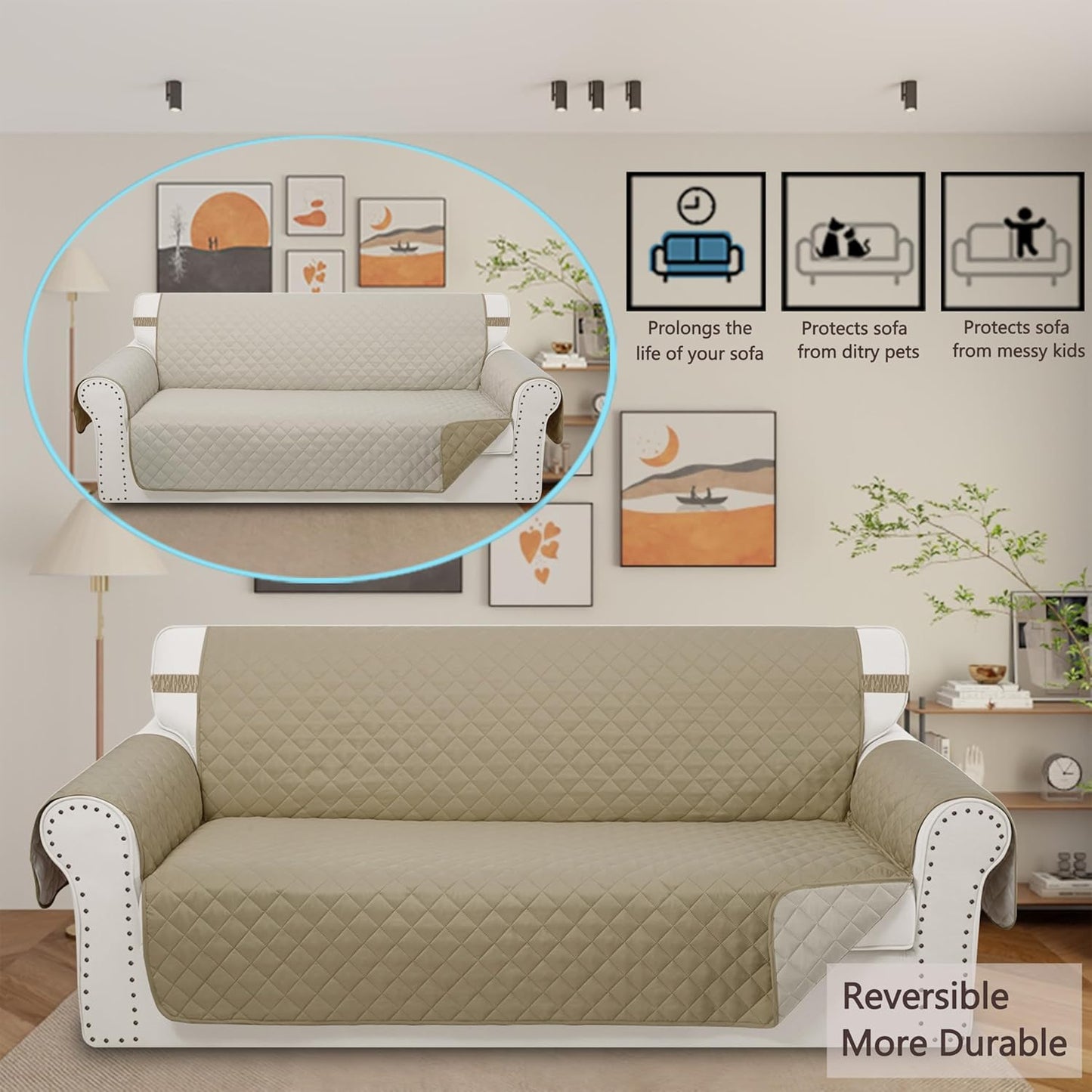 Reversible 4 Seater Sofa Cover 91 Inch Large Couch Cover Furniture Protector(Sofa XX-Large,Camel/Beige)