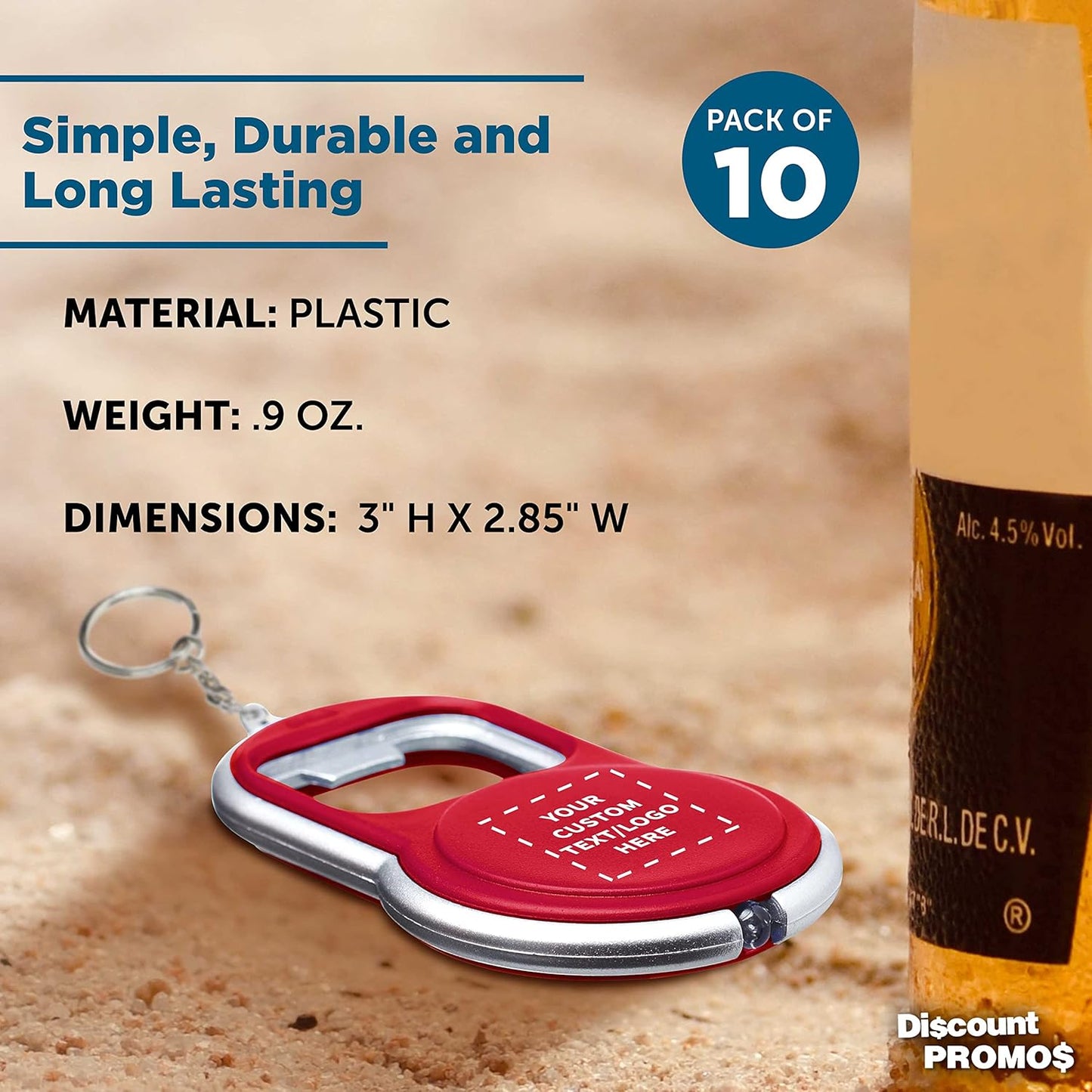 DISCOUNT PROMOS Custom Bottle Opener & LED Keychains Set of 10, Personalized Bulk Pack - Perfect for Tradeshows, Party Favors, Other Events - Red