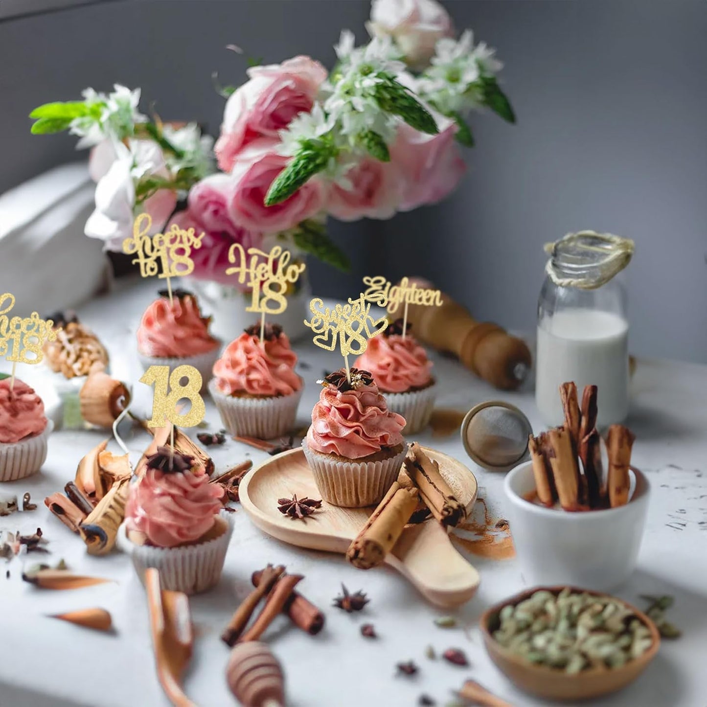 30Pcs18th Birthday Cupcake Toppers Eighteen Happy 18th Cupcake Picks Sweet 18 Cheers to 18 Cake Decorations for 18th Birthday Anniversary Party Supplies Gold Glitter