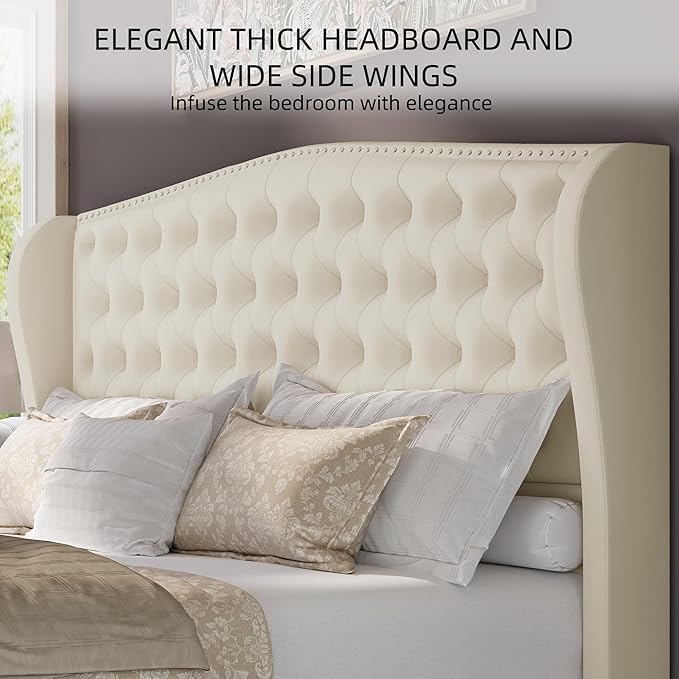 BRELTAM Upholstered King Size Bed Frame Velvet Beige Tufted Platform Bed Frame - Image 3