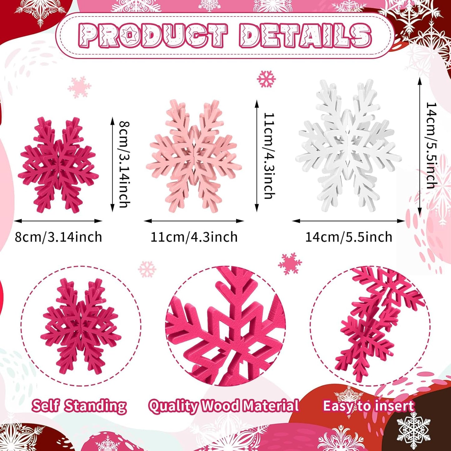 Bucherry 12 Pcs Wooden Snowflake Table Decor 3D Snowflake Tabletop Signs and Centerpiece for Christmas Xmas Winter Wonderland Decorations Home Party(White, Pink, Rose Red)
