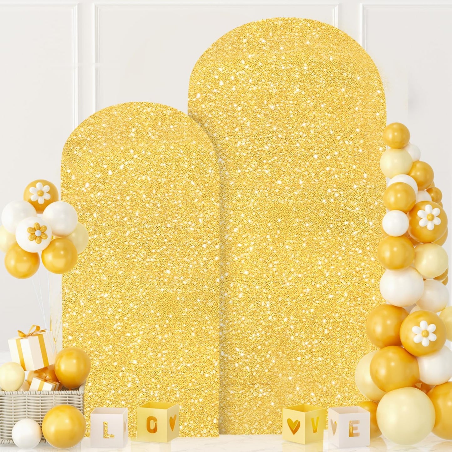 MODFUNS Arch Backdrop Stand and Cover Set 6&7.2ft Gold Sequins Arch Cover Metal Arch Backdrop Stand Set of 2 Wedding Arch Frame with Covers for Reception Birthday Party Decorations