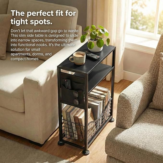 Skinny Side Table with Storage, 3 Tier Slim Side Tables - Image 4