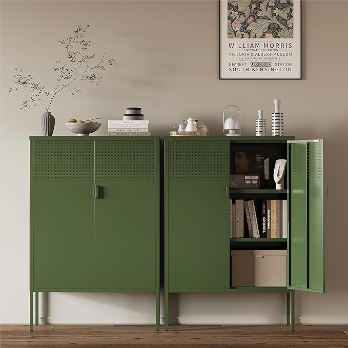 Metal Storage Cabinet, 2 Door TV Stand, Metal Mesh Accent Cabinet, Magnetic - Image 2