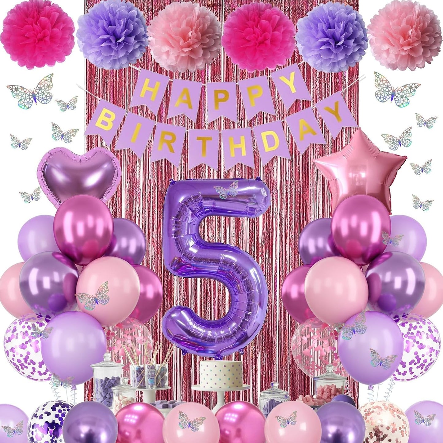 Pink Purple 5th Birthday Party Decorations for Girls Number 5 Balloon Happy Birthday Banner Butterfly Stickers Fringe Curtain Paper Pom Poms Metallic Hot Pink Star Foil Balloons 5 Year Old Princess