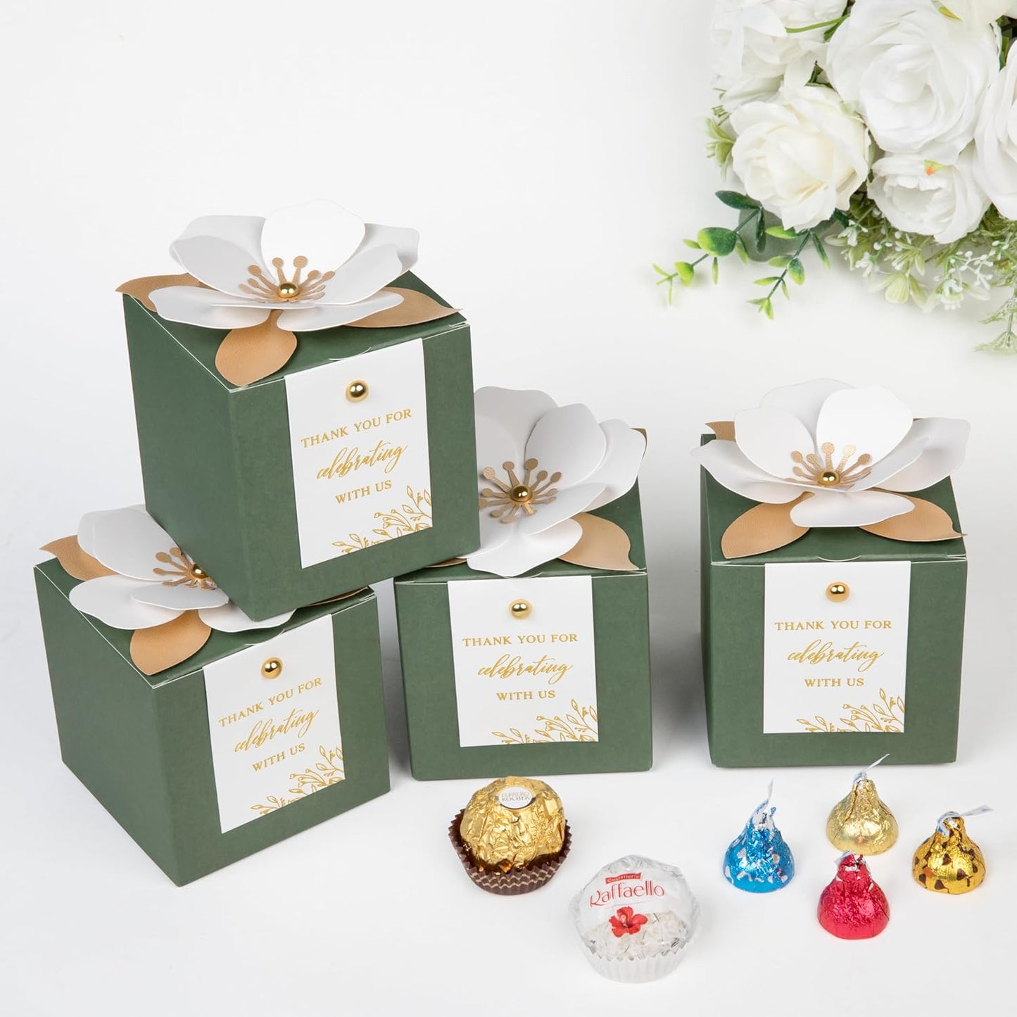 FEIYI 20 PCS Gift Boxes, 3 In 1 Olive Green Favor Boxes with Floral Decor, White Thank You Tags Cupcake Containers Gift wrapping for Wedding, Baby Shower, Birthday, Decorations Party - 3.55x3.55x3.55