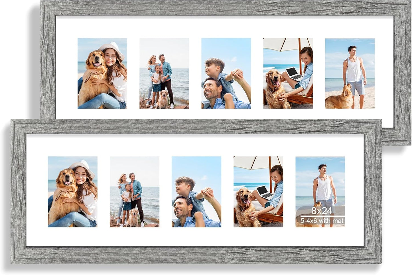 8x24 Picture Frame 2 Pack, Rustic Grey Wood Frame with Tempered Glass, Display Pictures Multiple Five 4x6 With Mat or 8 x 24 Without Mat - Horizontal or Vertical Wall Mounting