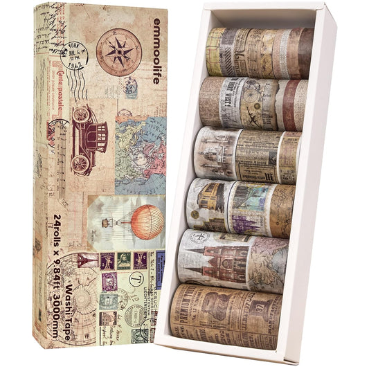24 Rolls Vintage Washi Tape Set, Antique Car Buildings Map Stamp Stripe Writable Aesthetic Washy Decorative Tapes for Scrapbooking, Junk Journal Supplies, Bullet Journaling 5-75mm Wide (3m Long)/Roll