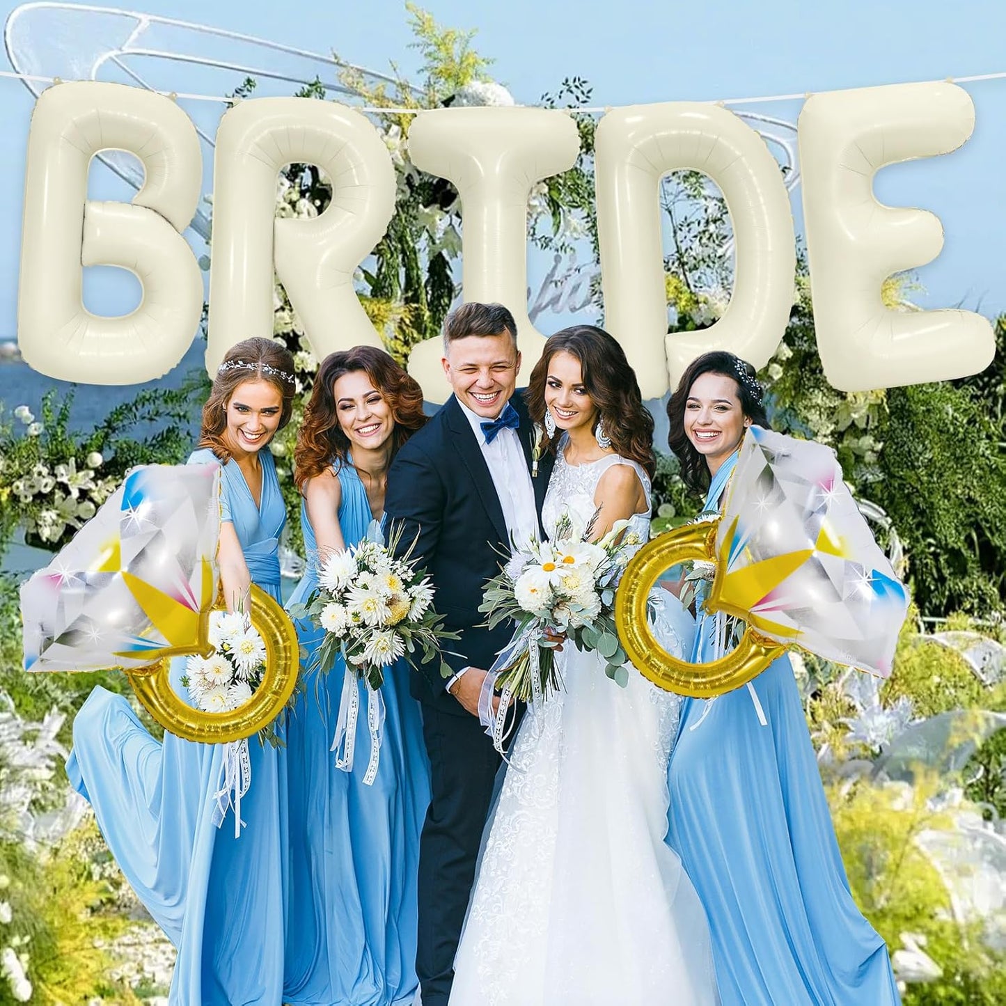 40 Inch Beige BRIDE Balloons Luxury Wedding Decor for Bridal Shower, Larger Cream White "BRIDE" Foil Letter with 2 Giant Diamond Ring Balloons, Bachelorette Engagement Wedding Party Favors