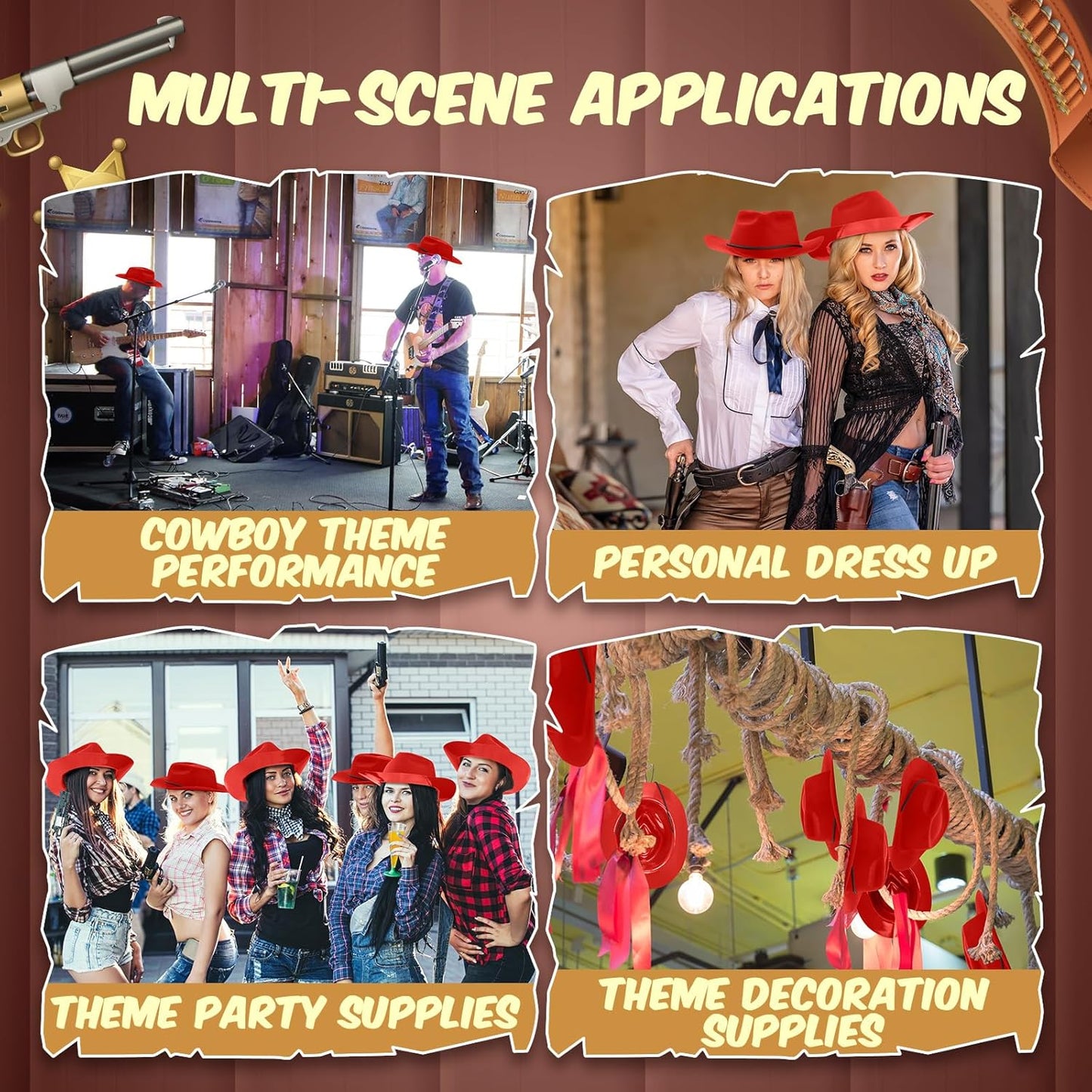 Mepase 24 Pieces Disposable Plastic Western Cowboy Hat Set Felt Wide Brimmed Cowgirl Hats for Men Women Costume Party(Red)