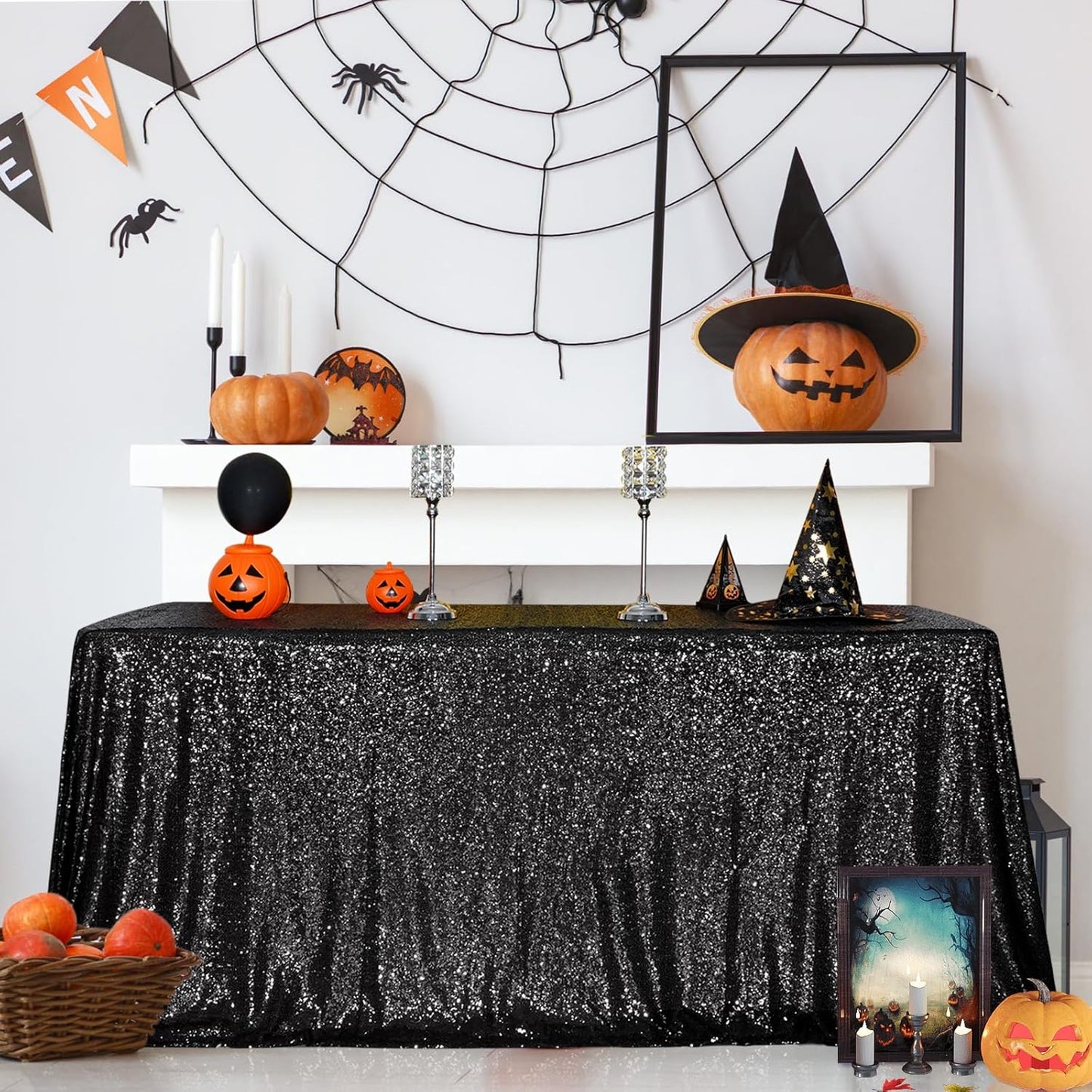 SquarePie Sequin Tablecloth 60 x 102 Inch Black Sparkly Table Cloth for Halloween Wedding Party
