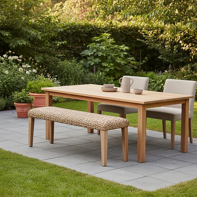 Outdoor Backless Bench, All-Weather Wicker & Solid Acacia Wood, Premium Garden - Image 7