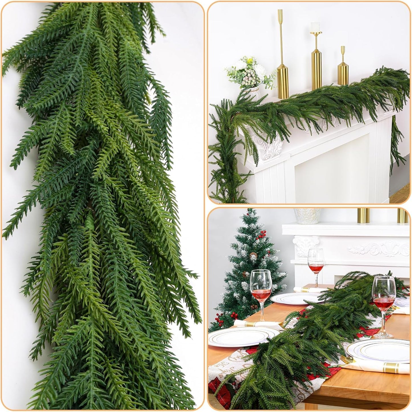 5 Pcs Artificial Norfolk Pine Garlands Christmas, 6 FT Dense Real Touch Winter Pine Garland Ornament, Green Artificial Greenery Garland for Table, Mantle, Wall, Indoor, Outdoor Christmas Decorations