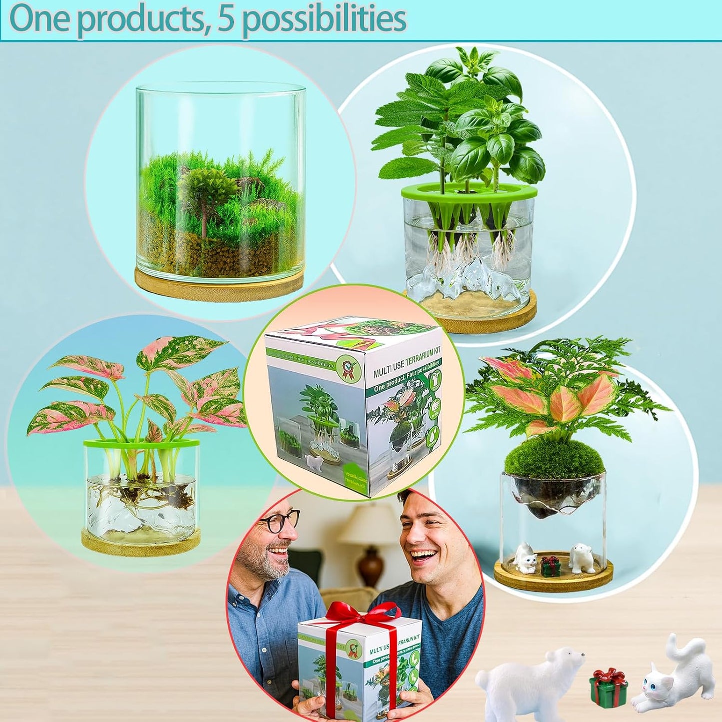 4 in 1 Plant Propagation Station Hydroponic Vase Planter Pot,Indoor Glass Terrarium Planter,Fresh Herb Garden Grow Kit,Home Office Decor,Christmas Birthday Gift for Gardener Women Parents Garden Lover