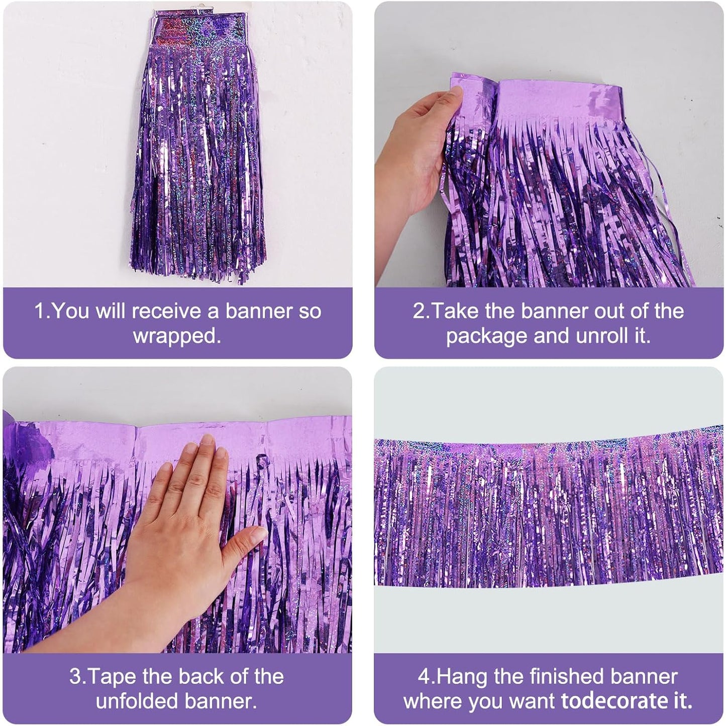 BEISHIDA 3 Packs Metallic Foil Fringe Garland Laser Light Purple Wall Hanging Tinsel Fringe Banners for Car Floats Bridal Shower Wedding Birthday Easter Graduation Holiday Party Decoration(30 Feet)