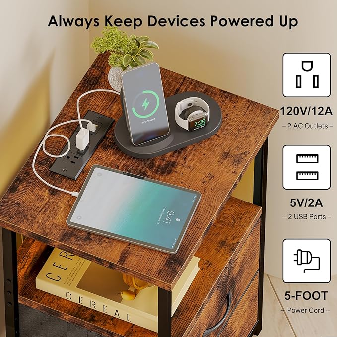 Fixwal Night Stand with Charging Station, LED Nightstand with U-S-B Ports and - Image 5