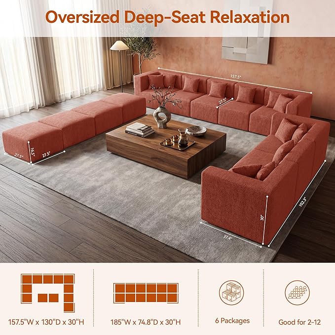 MONVANE Modular Sectional Sofa, Oversized 12 Seat Convertible U Shaped Couch - Image 3