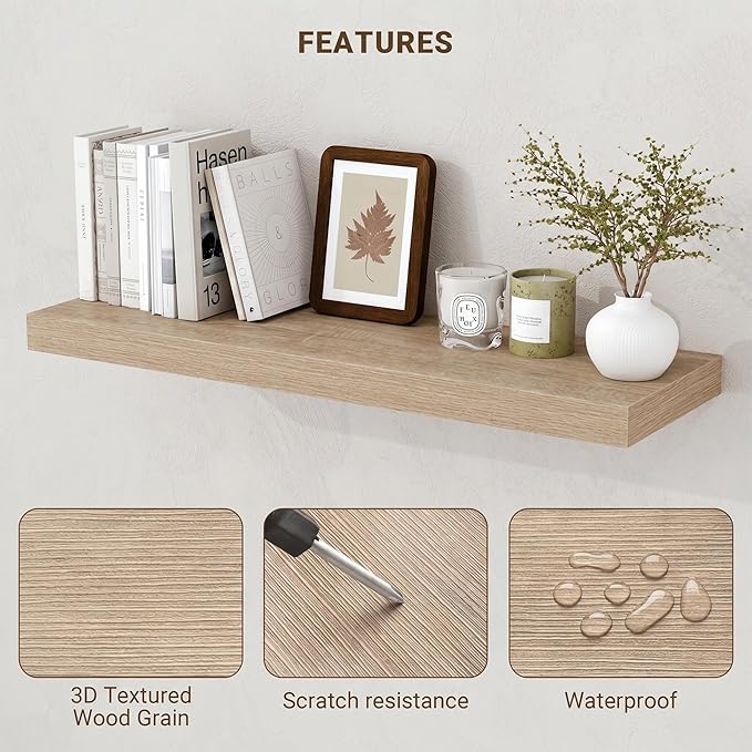 Acovy 48 Inch Floating Shelves, 3D Textured Wood Grain, Wooden Shelves - Image 5